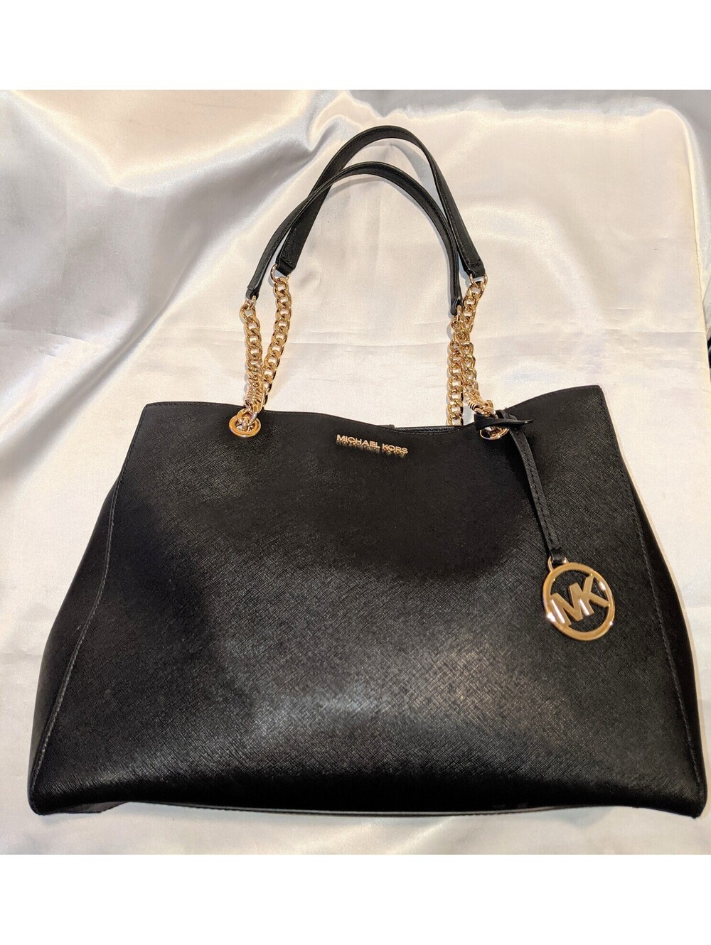 Michael Kors Susannah Large Black Saffiano Leather Shoulder Bag Tote Gold Chains